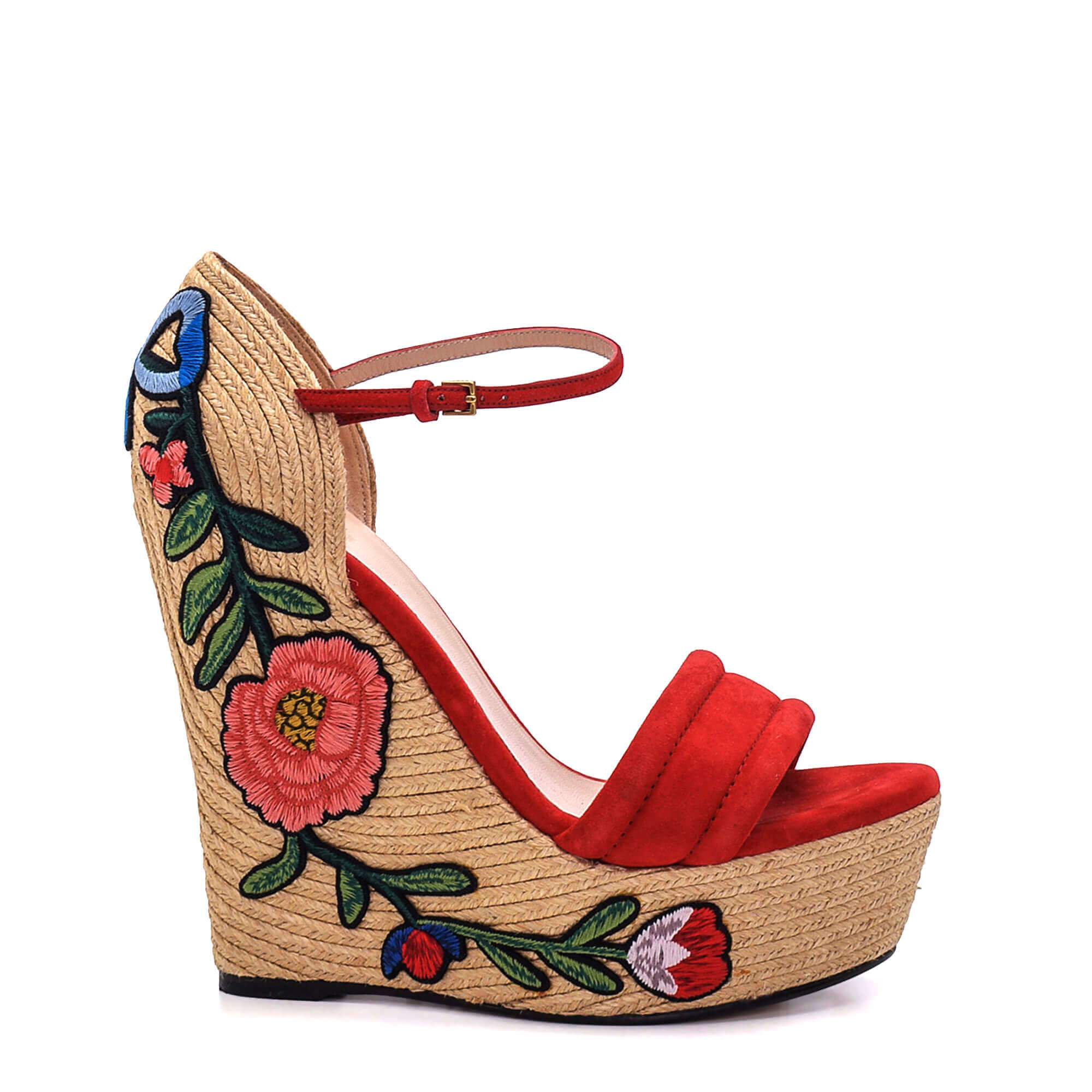 Gucci - Red Suede Floral Embroidered Ankle Strap Espadrille Wedge Sandals